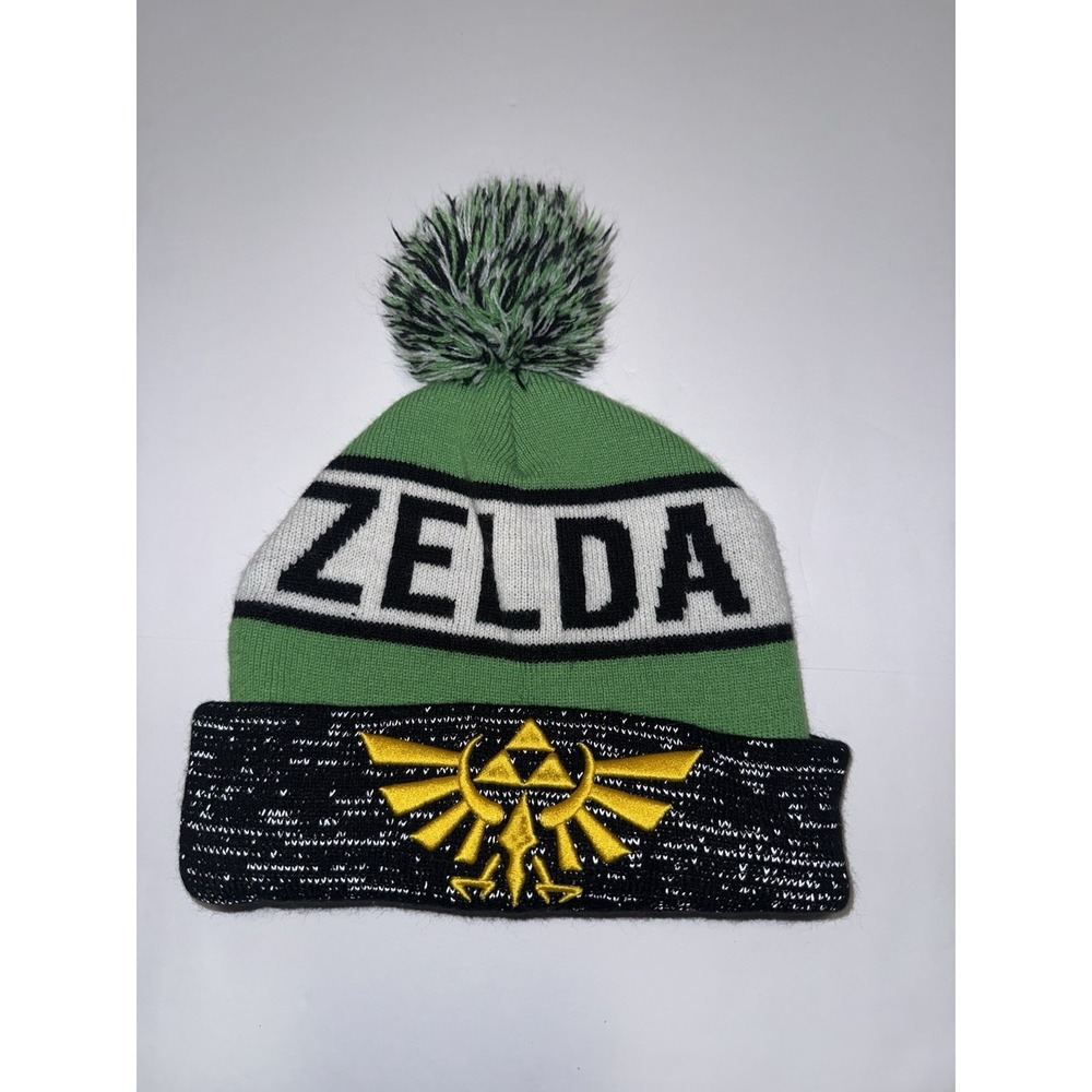 Nintendo Zelda Beanie Hat Pom Pom Green Black One Size Triforce Video Gamer Fun